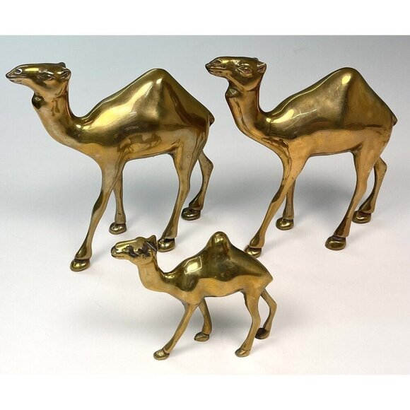 VTG MCM Lot 3 GREAT CITY TRADERS 4" & 7" Solid Brass CAMEL FIGURINES Korea EUC